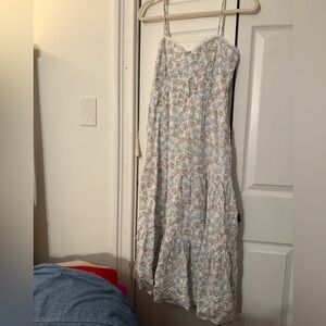 Floral Spaghetti-Strap Midi Dress in Light Blue and Cream